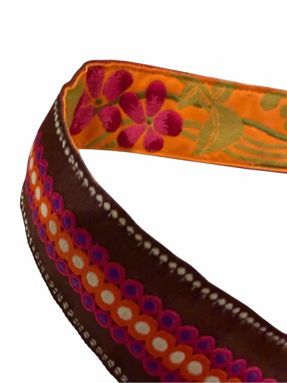 See Ci Boho Embroidered Floral Reversible Ribbon Belt - Brown & Orange